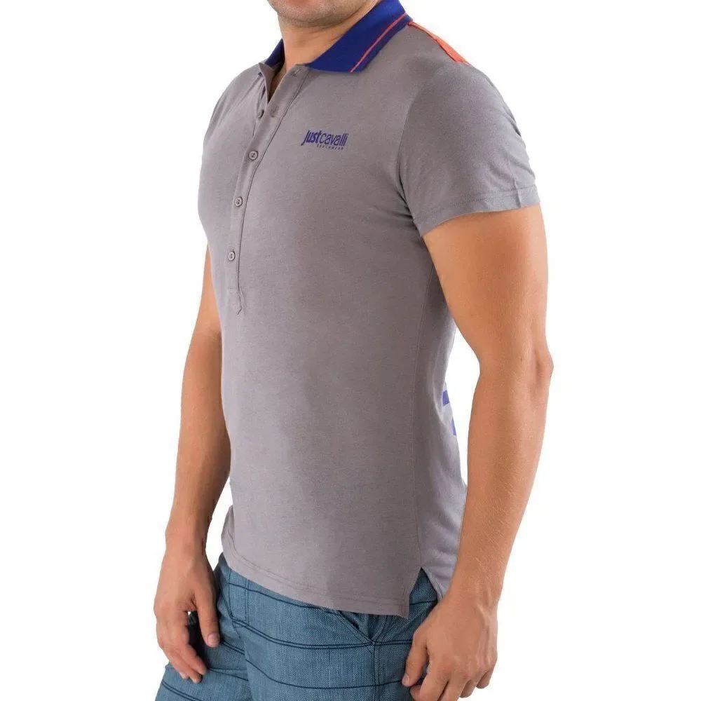 Just Cavalli Men Short Sleeve Gray Logo Print Cotton Beach Polo Shirt Tee US XS - Picture 4 of 5